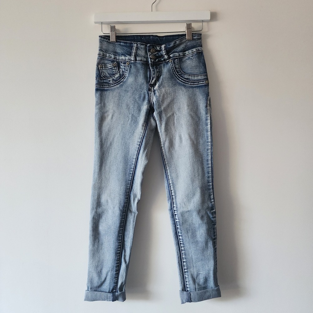 Kalowa Skinny Jeans Kids 14 Blue Acid Wash Embellished Stretch Denim Y2K style